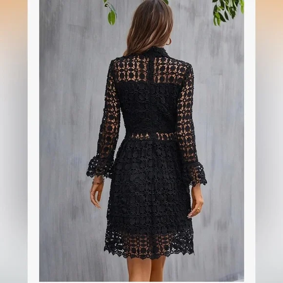 NWOT Eilly Bazar Black hollow out Lace long sleeve Mock neck Dress size M & L - Picture 2 of 14